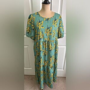 Floral Tiered Midi Dress in Sage with Yellow Bloom Print